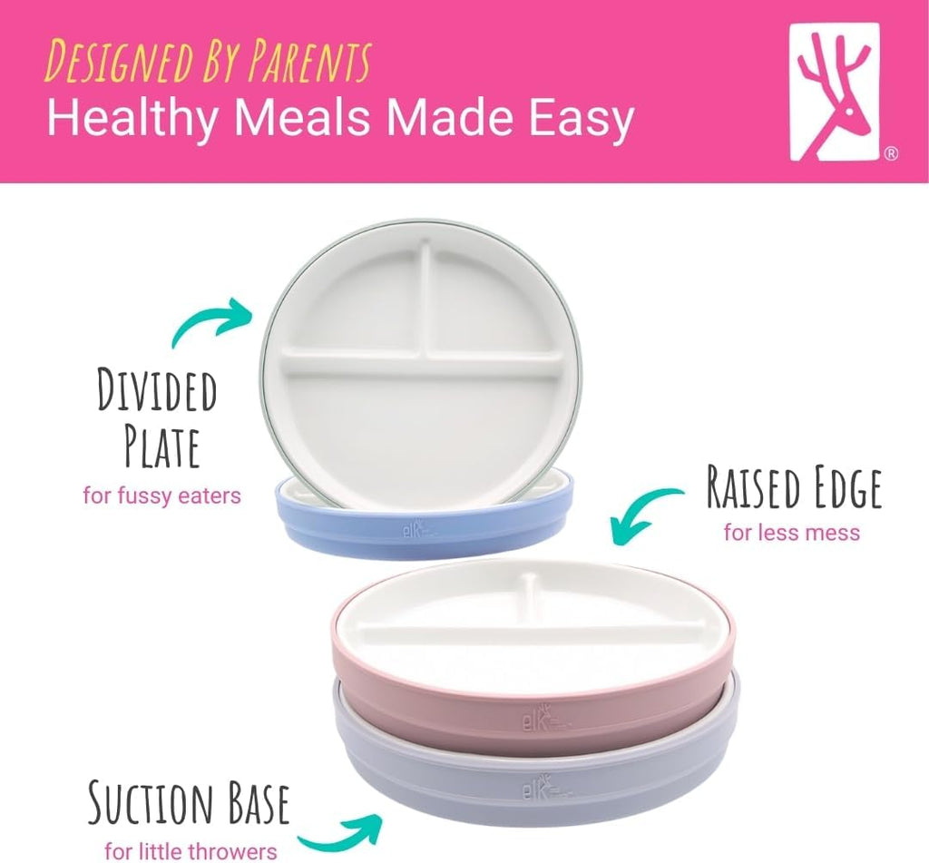 Elk and Friends Kids 6.7” Porcelain Divided Plates with Silicone Suction Sleeves | Suitable for Babies/Kids/Toddlers | Microwave & Dishwasher Safe | Non Slip | Snack Dishes | 4 Pack