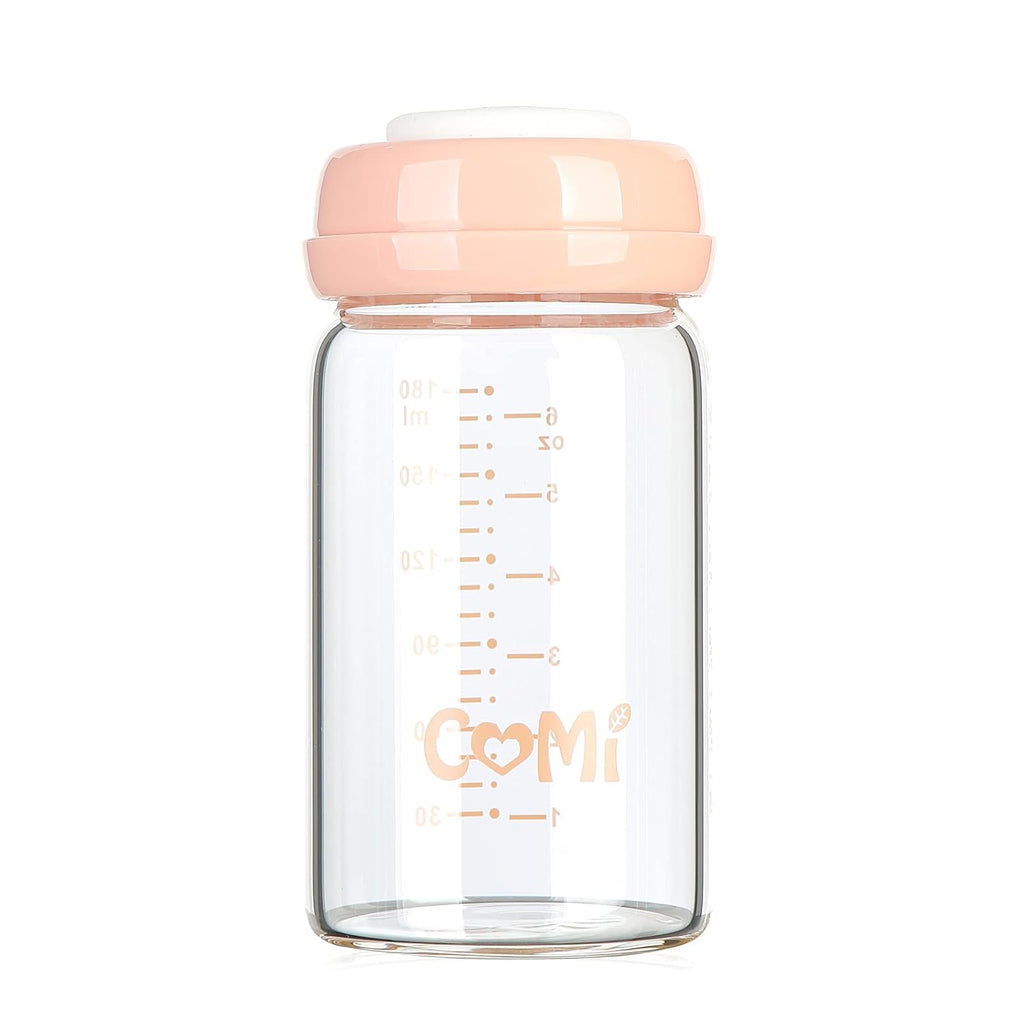 COMI Wide Neck Glass Breastmilk Collection n Storage Bottle, 6oz with Screw Ring Sealing Disk; Re-markable Sealing Disc. BPA Free, Fits Breast Pumps & Nipples (Pink Lids)