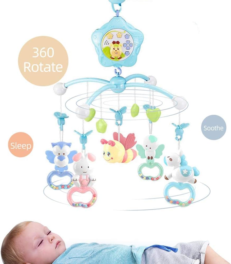 Baby Crib Mobile with Lights and Musicial, Remote, Projector, Newborn Gift for Ages 0+ Months (Blue-Bee)