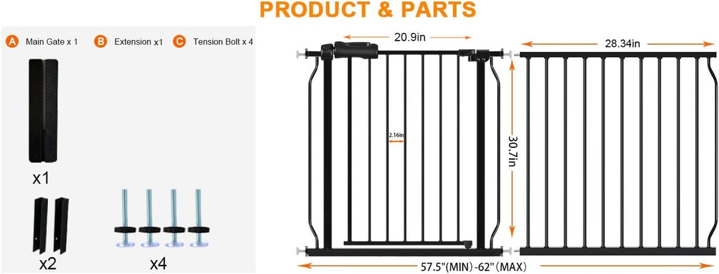 HOOEN 30" Tall Extra Wide Baby Gate for Stairs Doorways 57.5 to 62 Inch Large Long Dog Gates Tension Baby Gate Walk Through Child Gates for Kids or Pets Indoor Safety Gates