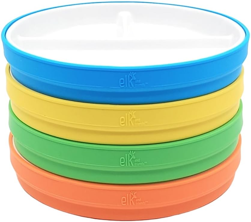 Elk and Friends Kids 7.8” Porcelain White Plates with Silicone Sleeves | Divided Plates | Suitable for Kids/Toddlers | Microwave & Dishwasher Safe | Non Slip | Snack Dishes…