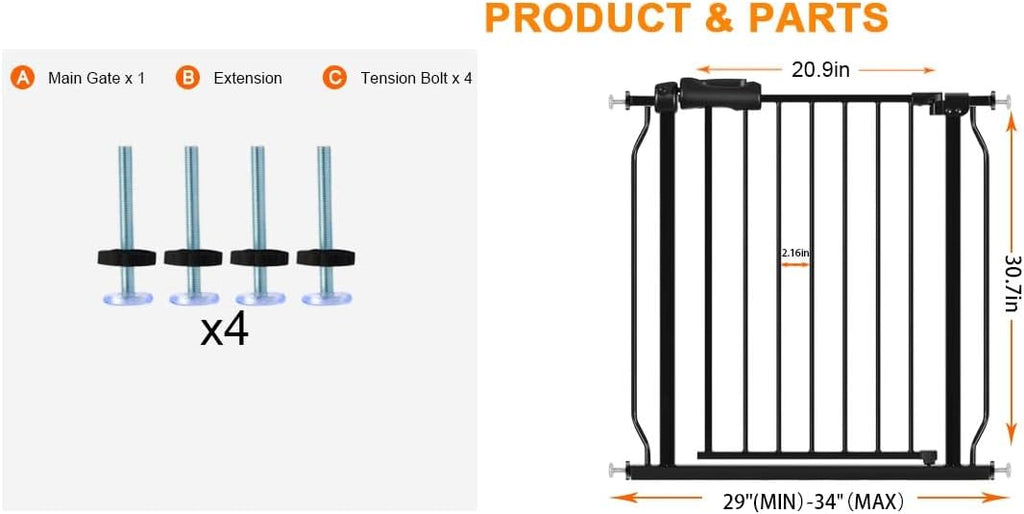 HOOEN Narrow Baby Gate for Stairs - 29 to 34 Inch Wide with Door, Metal Tension Pressure Mounted Child Safety Gate