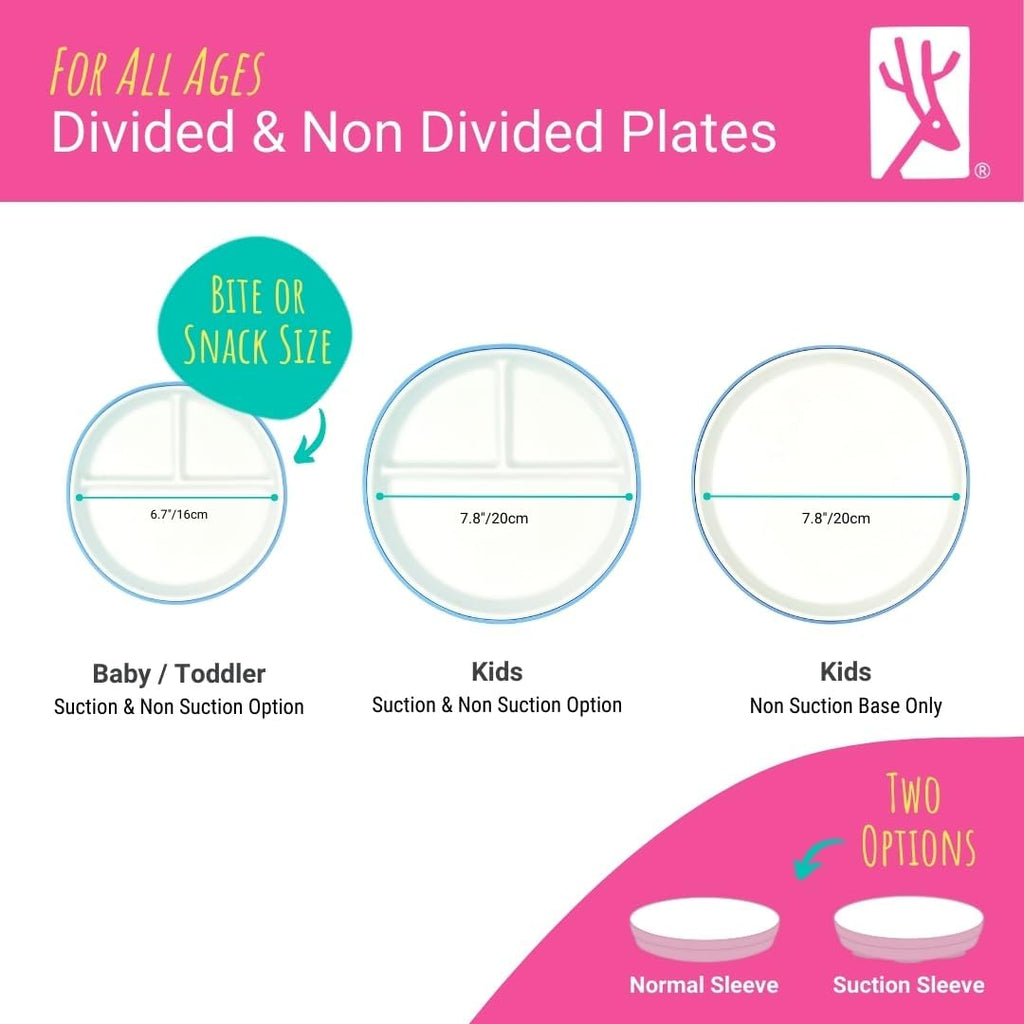 Elk and Friends Kids 7.8” Porcelain Divided Plates with Silicone Suction Sleeves | Suitable for Kids/Toddlers | Microwave & Dishwasher Safe | Non Slip | Snack Dishes | 4 Pack