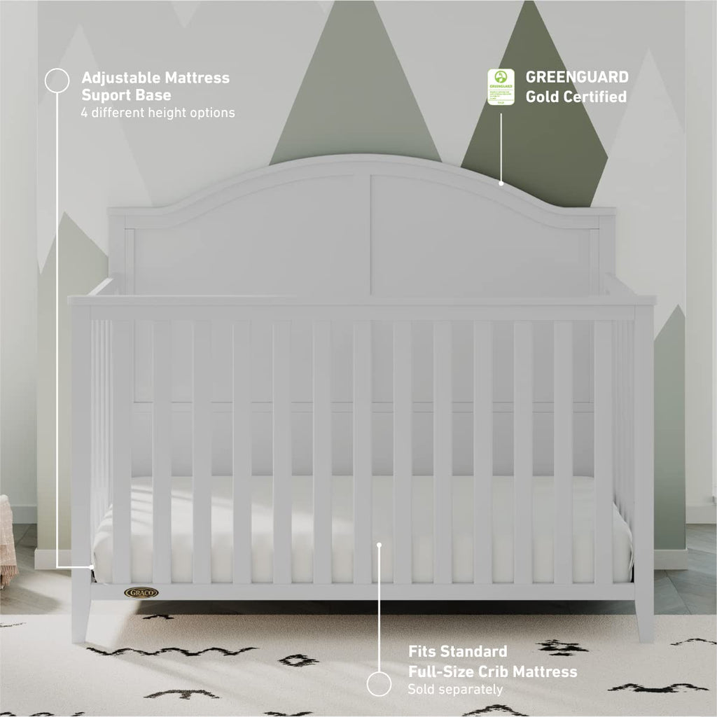 Graco Wilfred 5-in-1 Convertible Crib (White) – GREENGUARD Gold Certified, Converts to Toddler Bed and Full-Size Bed, Fits Standard Full-Size Crib Mattress, Adjustable Mattress Support Base