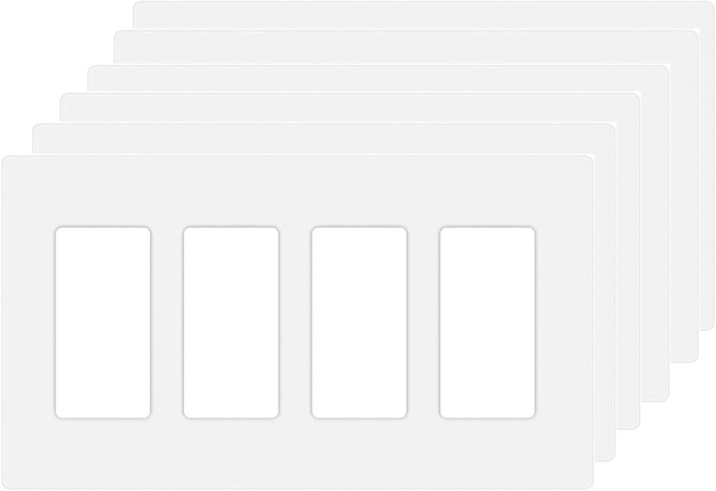 4-Gang Screwless Decora Wall Plate Cover Switch Outlet Electrical Faceplate for Light Switche, Smart Switch, Receptacle, Dimmers, USB Outlet, GFCI, Child Safe Cover Plate, White (6-Pack)