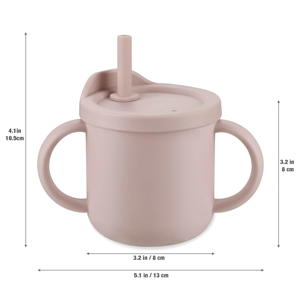 PandaEar 2 Pack Silicone Baby Straw & Snack Cup with 2 Spoons 2 Forks, Dual-Purpose Toddler Training Cups, Pink Green