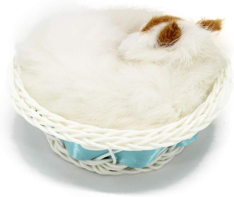 Sleeping Cat in Basket Doll Toy, Kitten in Basket with Meows Sounds Decor for Office Desk Hand Toy Gift for Kids Boys Girls