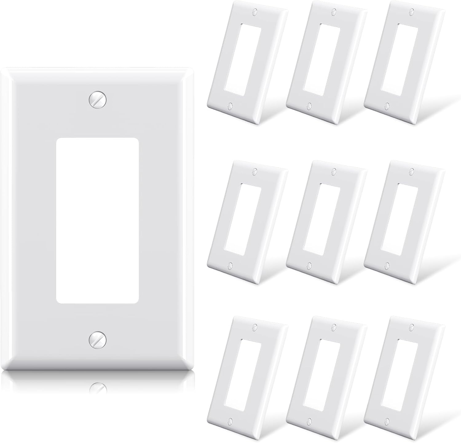 ELEGRP Decorative Receptacle Wall Plate, 1-Gang Mid Size Decorator Covers, Unbreakable Polycarbonate Faceplates for Decorator Device, UL Listed, Screws Included (10 Pack, Glossy White)