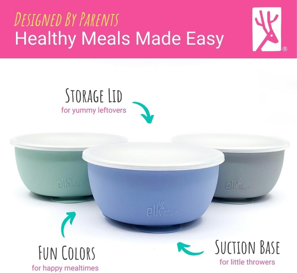 Elk and Friends Stainless Steel Bowls with Silicone Sleeve for Babies & Toddlers | Lids Included | Stay Put Suction | Cereal & Snack Bowls | 4 Pack