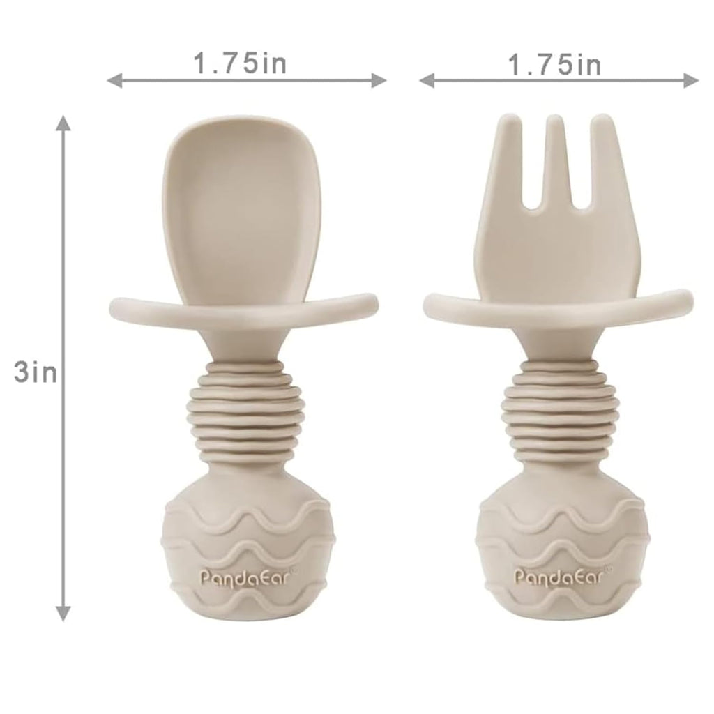 PandaEar 2 Pack Silicone Baby Straw & Snack Cup with 2 Spoons 2 Forks, Dual-Purpose Toddler Training Cups, Light Tan/Walnut