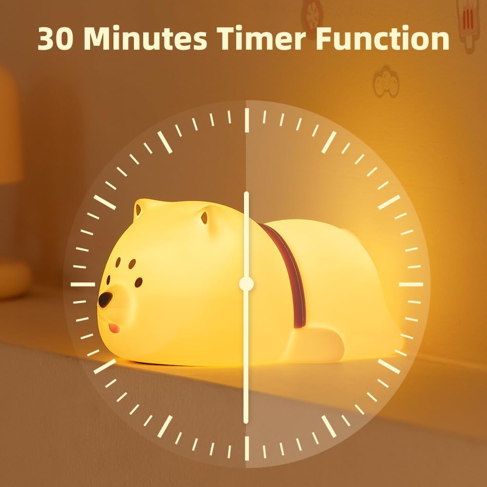 Cute Puppy Night Light for Baby Kids - Rechargeable Touch Control Night Light with 3 Brightness, Warm Light, Timer & Soft Silicone - Nursery Bedroom