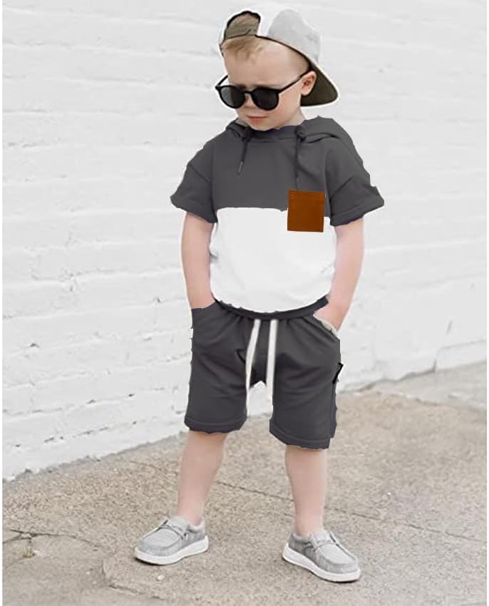 Toddler Baby Boy Summer Hooded Outfit Contrast Color Short Sleeve T Shirt Top Elastic Shorts Summer Clothes Set
