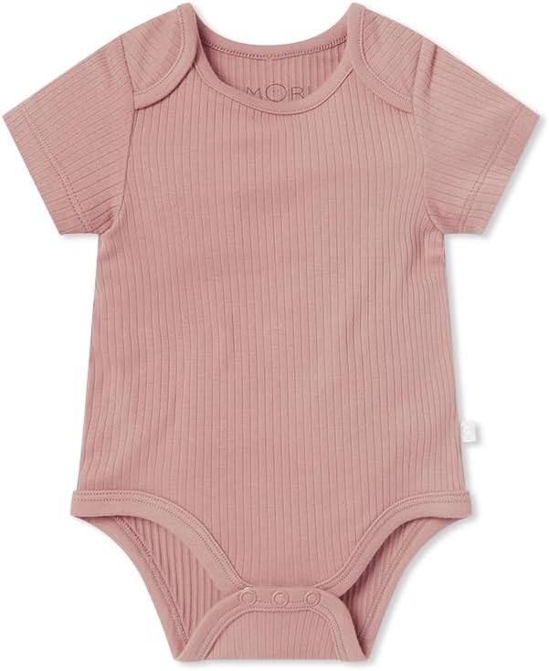 MORI Baby Ribbed Short Sleeve Bodysuit with Envelope Neck and Nickel Free Poppers - Unisex Toddler Romper for Boys and Girls