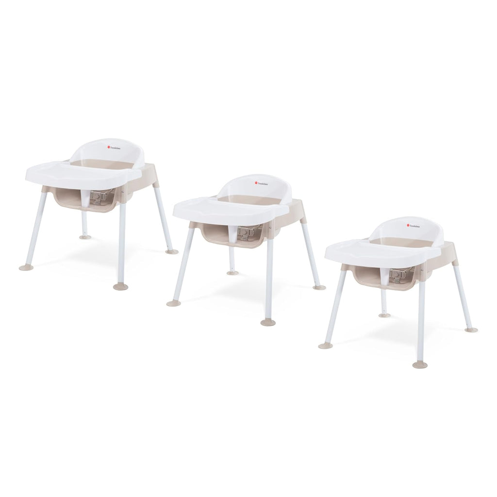 Foundations Secure Sitter Feeding Chairs Multipack, No-Tip Feet, 3-Point Adjustable Harness, Removable Tray, Easy to Clean, Stackable Feeding Chairs, 3 Pack (11 inch)
