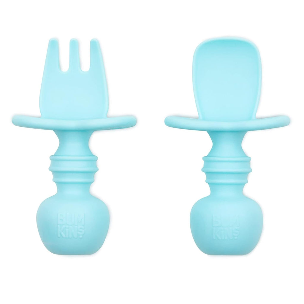 Bumkins Baby Utensils Set, Chewtensils Silicone Spoons for Dipping, Self-Feeding, Baby Led Weaning, Trainer Learning First Stage Eating, Soft Practice Fork and Spoon, Babies 6 Months, Blue