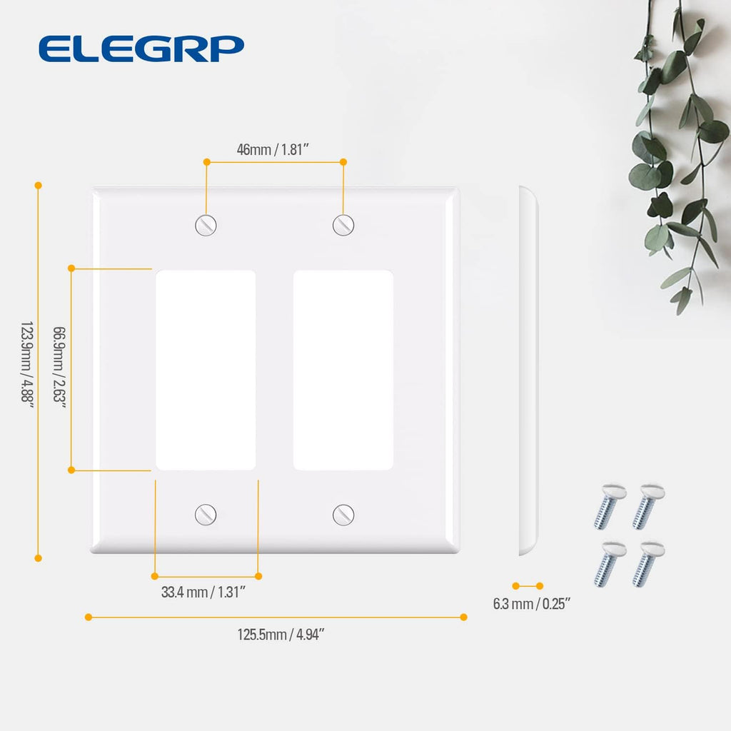 ELEGRP 2-Gang Decorative Wall Plates, Mid-Size 4.88" H x 4.94" L Unbreakable Thermoplastic Faceplate Cover for Decorator Receptacle Outlet Switch, UL Listed (1 Pack, Glossy White)