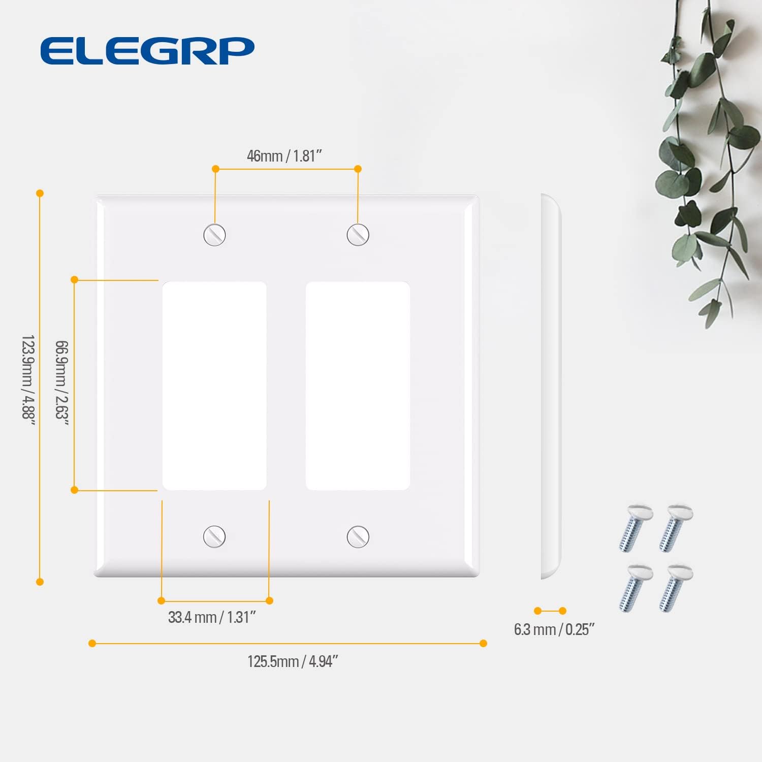 ELEGRP 2-Gang Decorative Wall Plates, Mid-Size 4.88" H x 4.94" L Unbreakable Thermoplastic Faceplate Cover for Decorator Receptacle Outlet Switch, UL Listed (2 Pack, Glossy White)