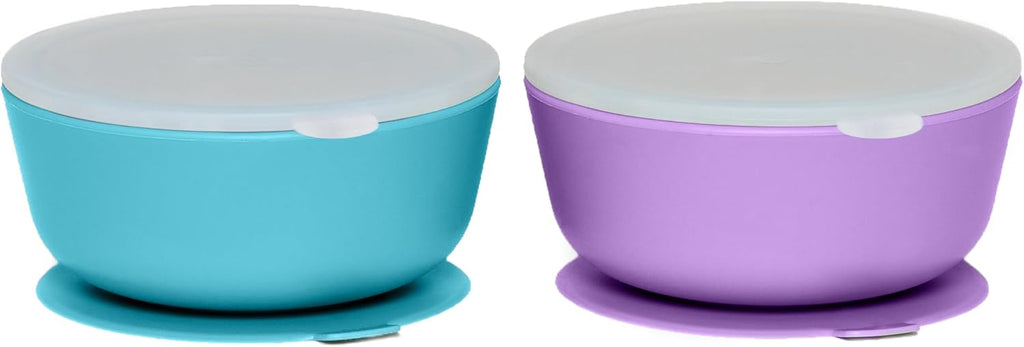 WeeSprout Suction Bowls for Baby & Toddlers (Set of 2) - 100% Silicone w/Plastic Lid - Leak Proof Feeding Supplies - Dishwasher & Microwave Safe Infant Dinnerware w/Extra Strong Base