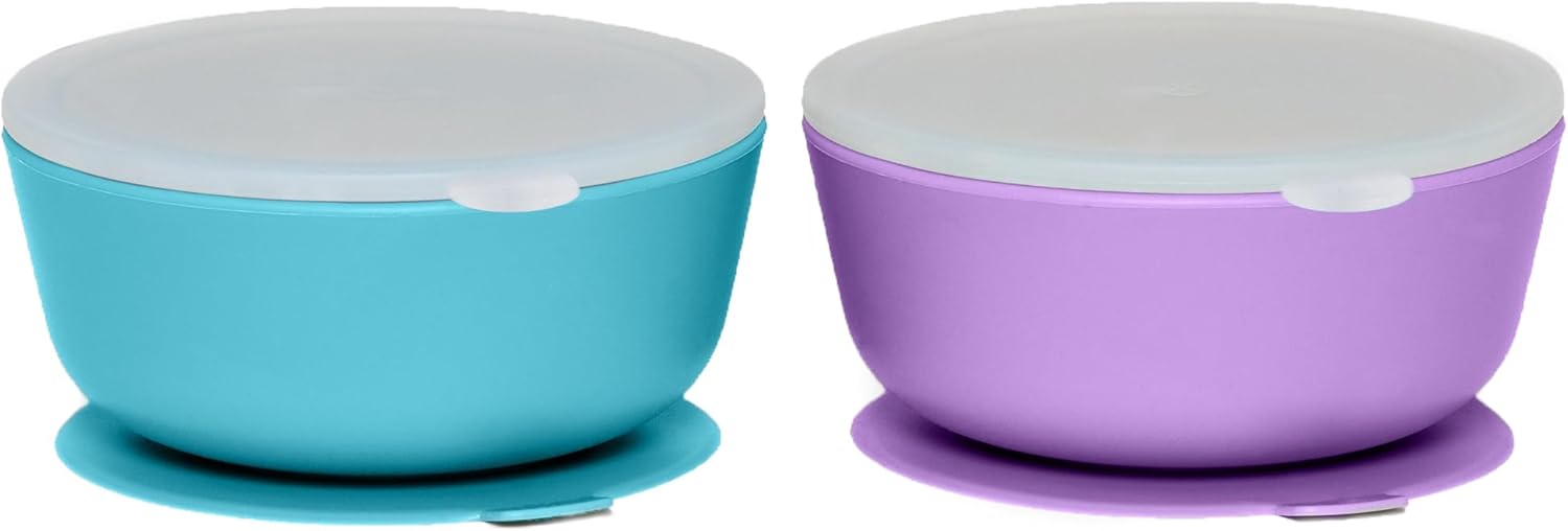 WeeSprout Suction Bowls for Baby & Toddlers (Set of 2) - 100% Silicone w/Plastic Lid - Leak Proof Feeding Supplies - Dishwasher & Microwave Safe Infant Dinnerware w/Extra Strong Base