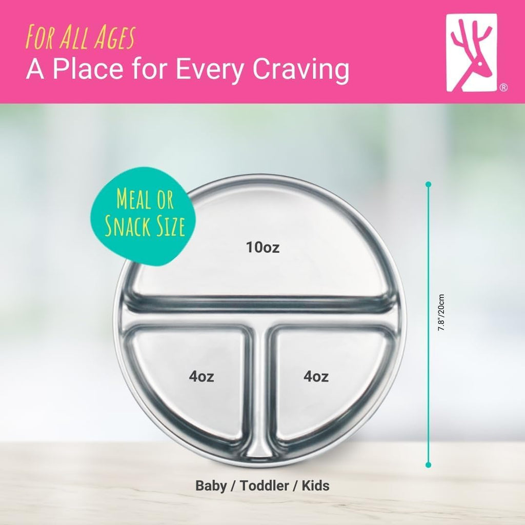 Stainless Steel Divided Plates + Silicone Sleeve and Storage Lid | Baby, Toddler, Kids | Dinner & Snack Plates | 2 Pack