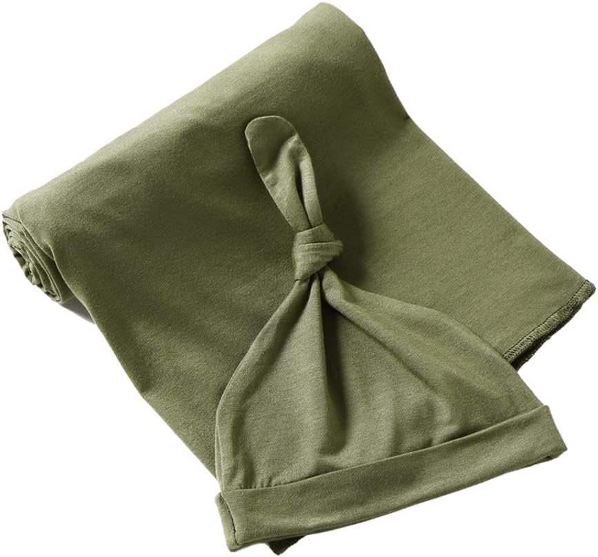 iEvolve Cotton Knitted Baby Swaddle Blanket with Hat Headband Set Newborn Swaddle Wrap Receiving Blankets for Baby Girl Boy 35" x 35"(OliverGreen)