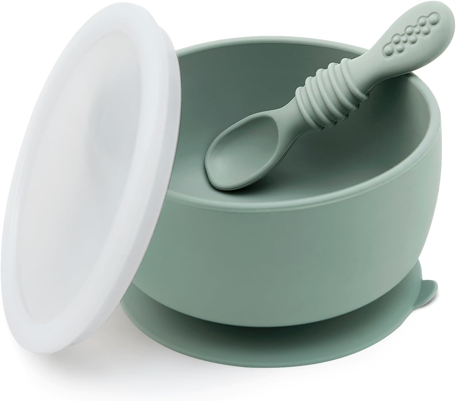 SAMiGO Silicone Baby Bowl and Spoon Set with Suction and Lid, First Stage Self Feeding Essentials, Food Bowl for 6+ Months