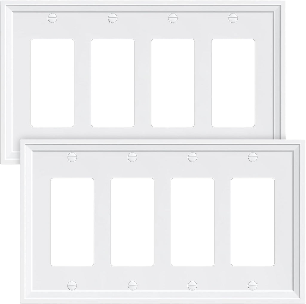 2-Pack Quad Decorator Outlet Cover Plate, White Decorative Switch Plates and Outlet Covers, Natural Bamboo Fiber Wall Plates for Electrical Outlets, Receptacle, GFCI Outlet, Dimmer Switch