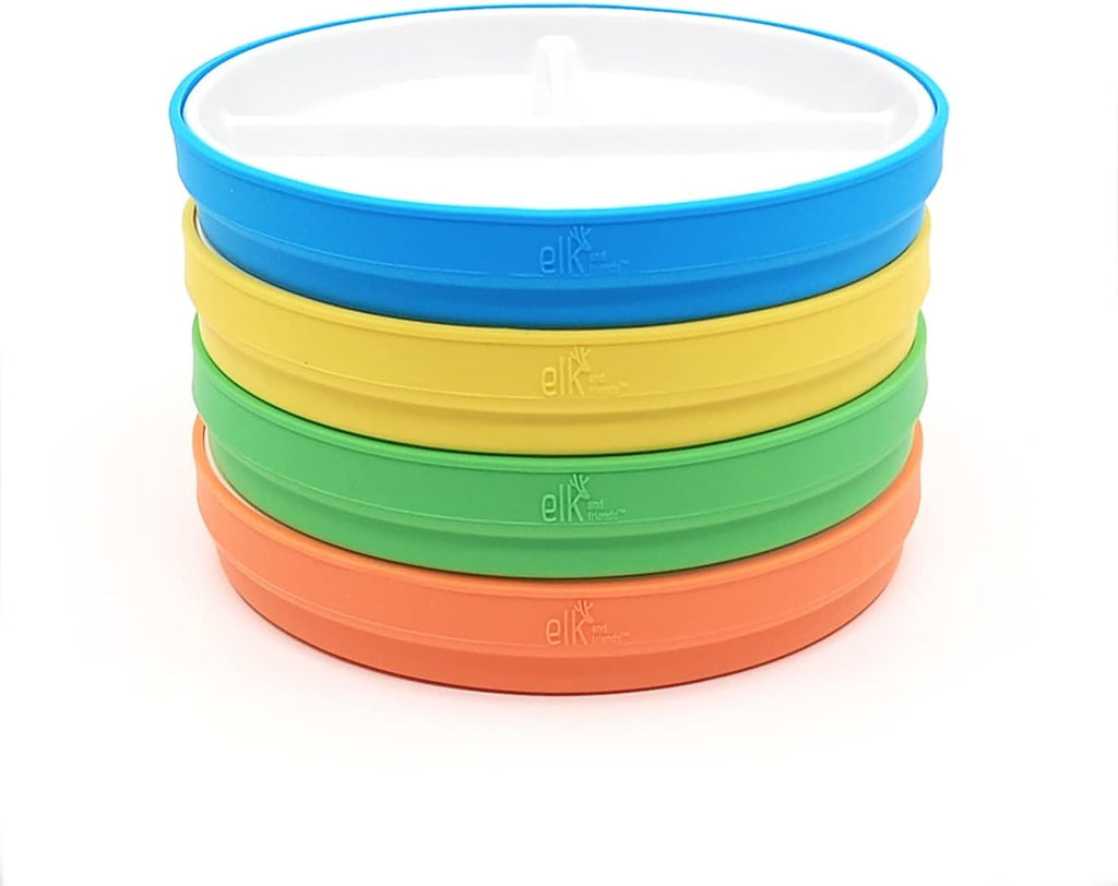 Elk and Friends Kids 6.7” Porcelain Divided Plates with Silicone Sleeves | Suitable for Babies/Kids/Toddlers | Microwave & Dishwasher Safe | Non Slip | Snack Dishes