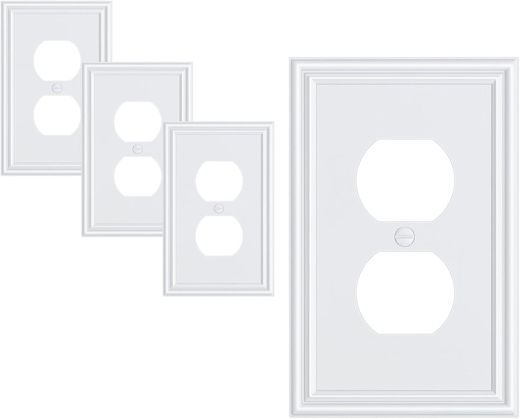 4-Pack Duplex Outlet Cover, Durable Solid Zinc Alloy Decorative Switch Plates and Outlet Covers, Pure White Wall Plates for Electrical Outlets, 1 Gang Receptacle Cover, Corrosion Resistant