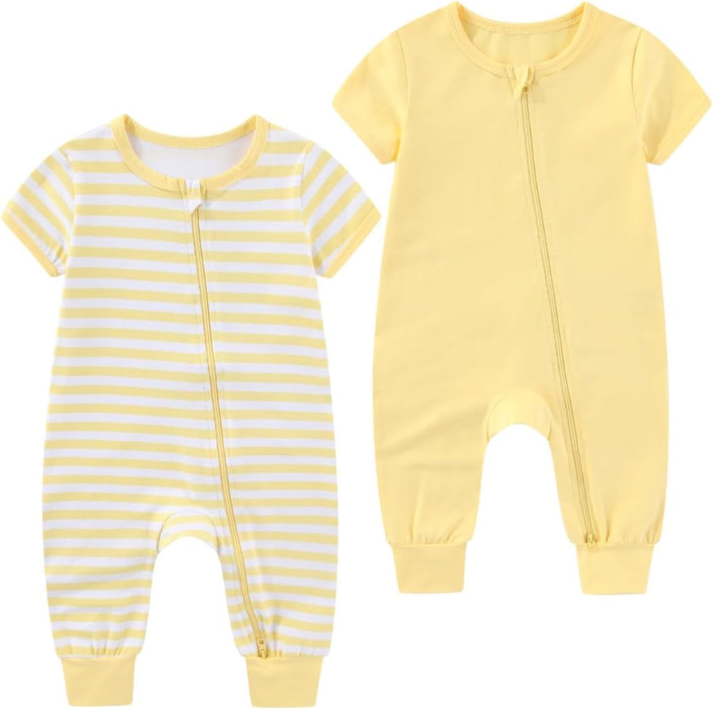 2 Pack Unisex Baby Short Sleeve Rompers 2 Way Zipper New Born One-Piece Jumpsuits 0-24Months Infant Outfits