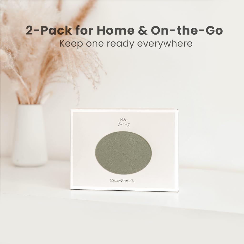 Konssy 2 Pack Faux Leather Baby Changing Mat 30"x17", Foldable and Wipeable Portable Changing Pad, Waterproof and Soft for Travel or Home Use (Fog Green,Beige)