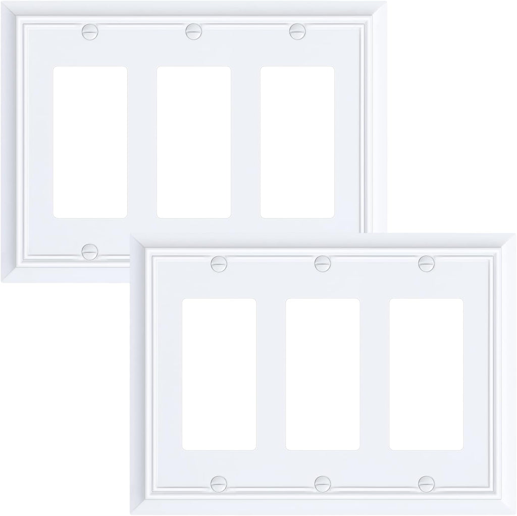 2-Pack Decorative Tripple Decorator Outlet Cover Plate, Durable Natural Bamboo Fiber Pure White Wall Plates for Electrical Outlets, Receptacle, GFCI Outlet, Dimmer Switch, 3-Gang, Corrosion Resistant
