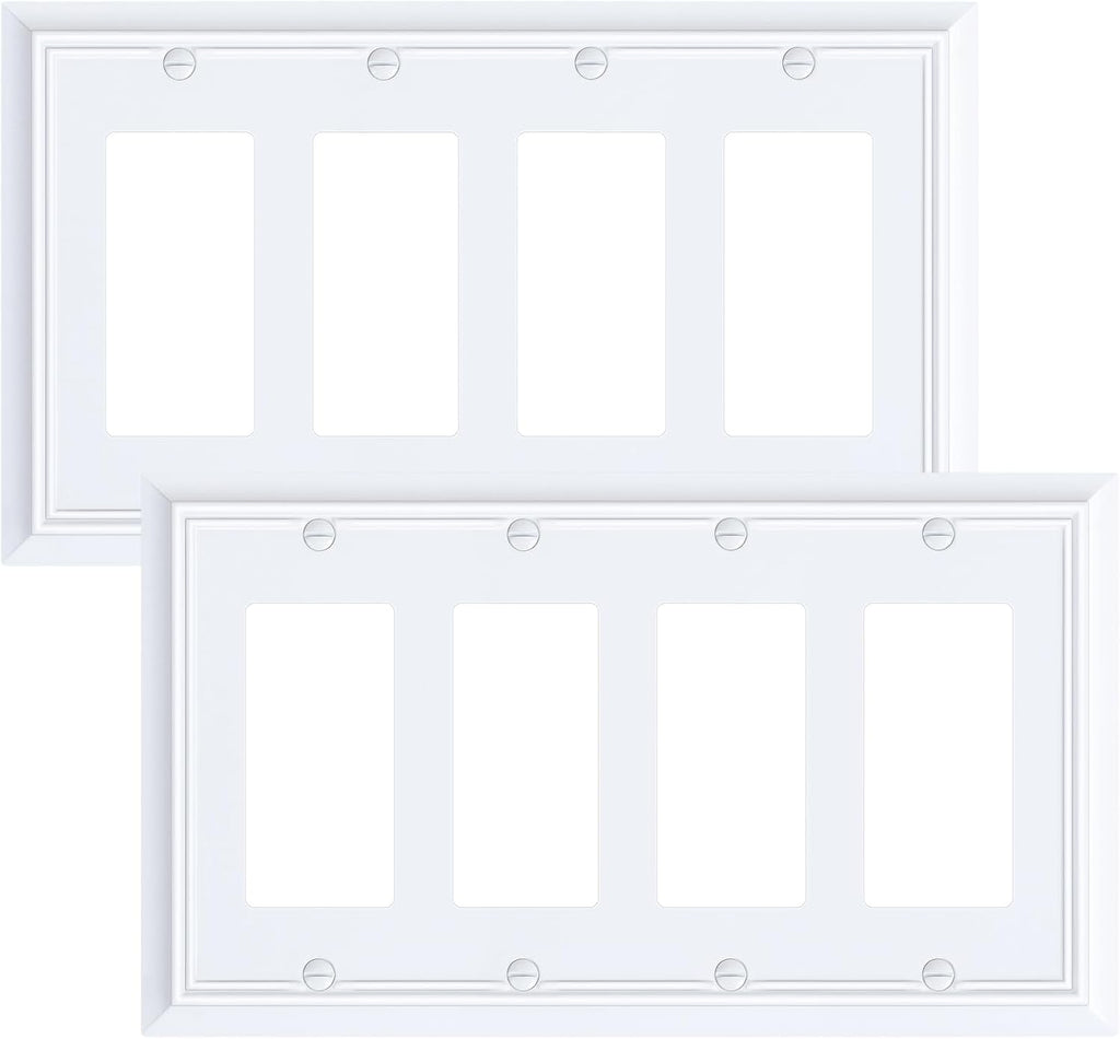 2-Pack Quad Decorator Wall Cover Plate, Pure White Decorative Switch Plates and Outlet Covers, Natural Bamboo Fiber 4 Gang Wall Plate for Electrical Outlets, Receptacle, GFCI Outlet, Dimmer Switch