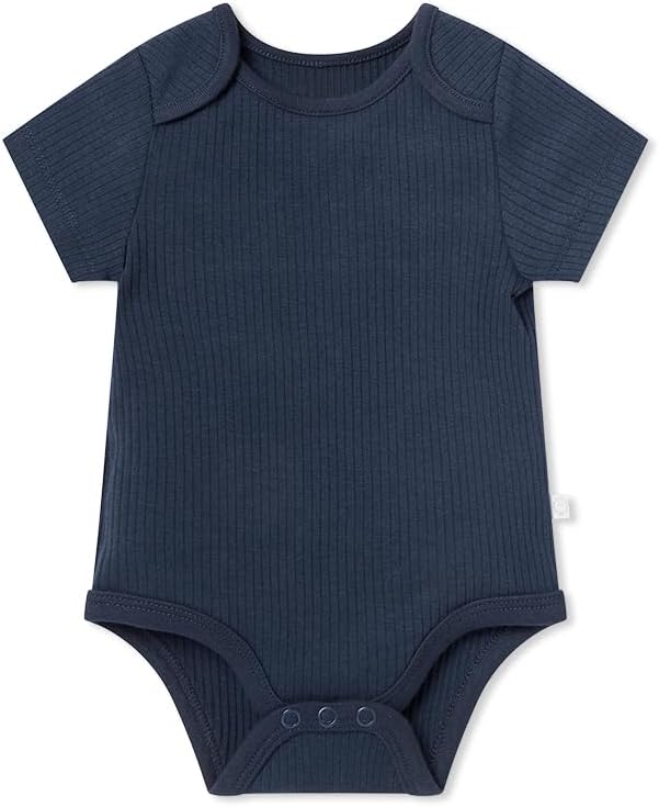MORI Baby Ribbed Short Sleeve Bodysuit with Envelope Neck and Nickel Free Poppers - Unisex Toddler Romper for Boys and Girls