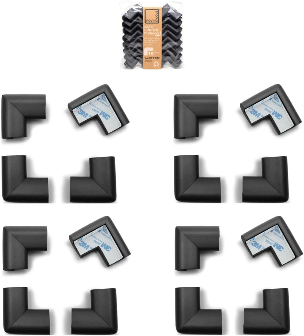 Roving Cove HeftyFit Corner Protector for Baby (16 Large Corners), Heavy-Duty Soft Rubber Foam Furniture Corner Bumper Guards, 3M Adhesive Pre-Taped, Onyx Black