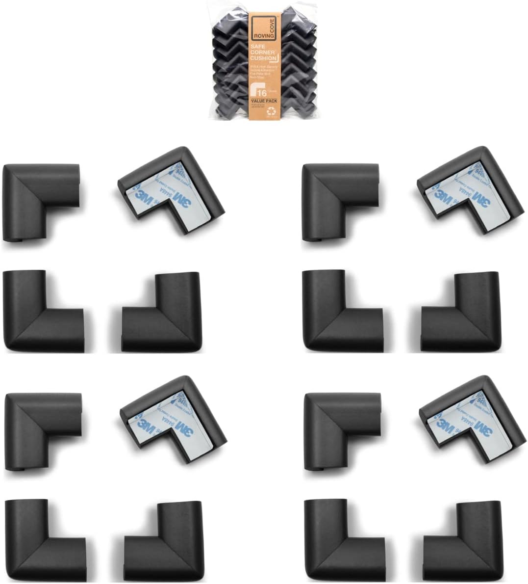 Roving Cove HeftyFit Corner Protector for Baby (16 Large Corners), Heavy-Duty Soft Rubber Foam Furniture Corner Bumper Guards, 3M Adhesive Pre-Taped, Onyx Black