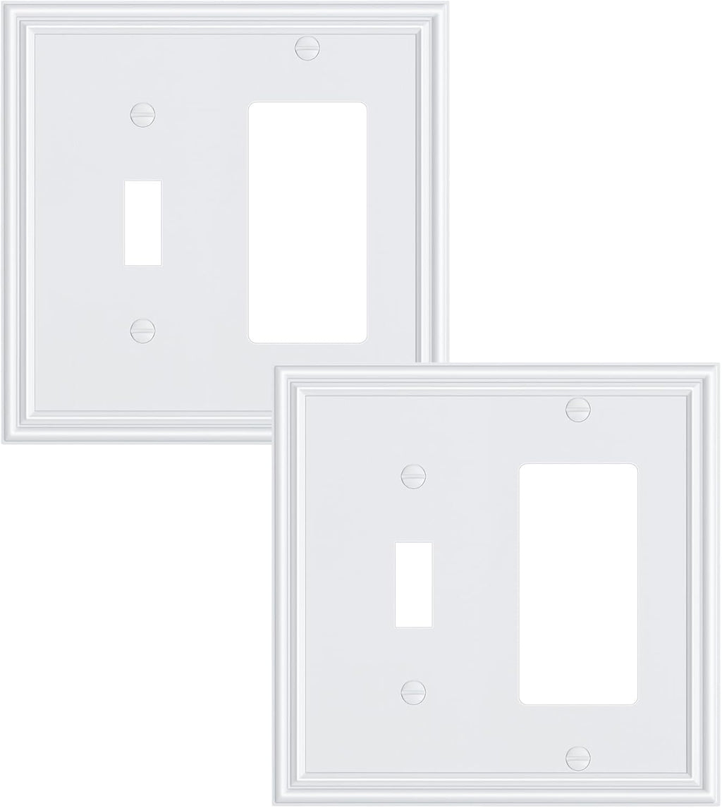 2-Pack Combo Toggle/Decorator Light Switch Cover Plate, Pure White Decorative Electrical Outlet Covers, Durable Solid Zinc Alloy Wall Switch Plates and Outlet Covers