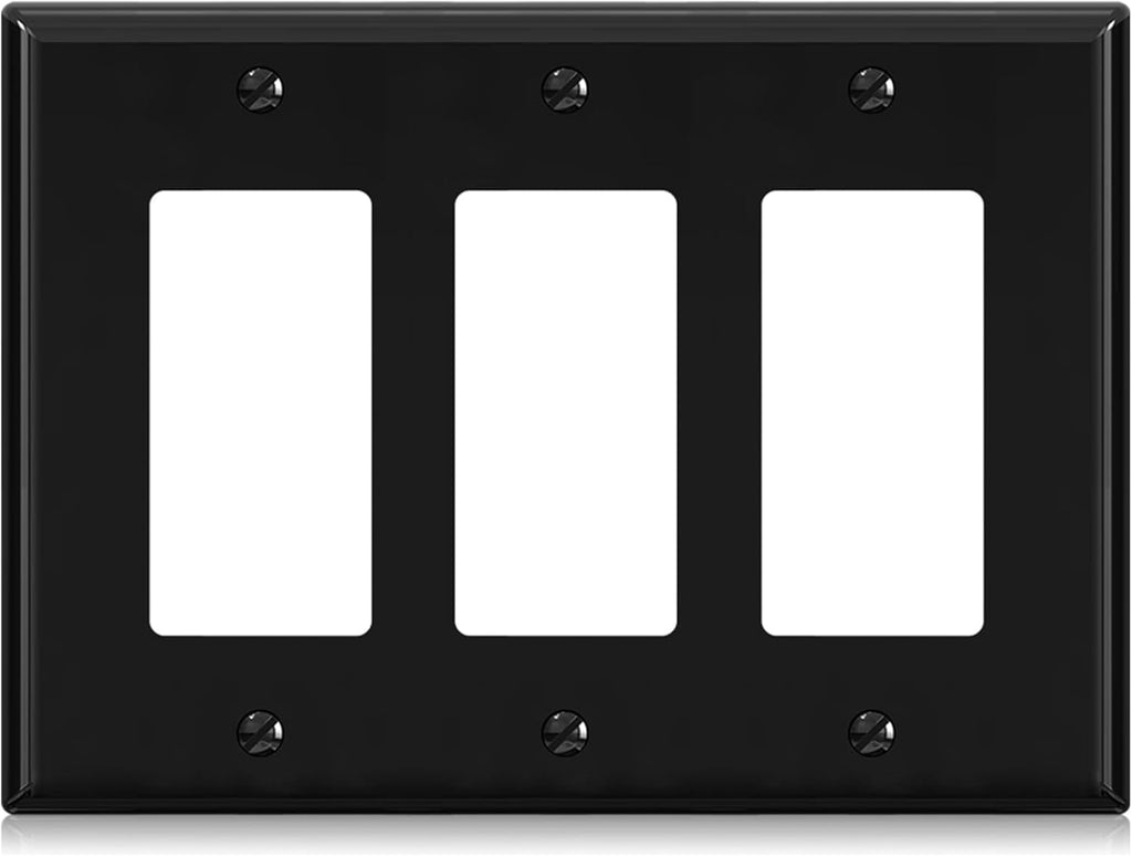 ELEGRP 3-Gang Decorative Wall Plates, Mid-Size 4.88" H x 6.75" L Unbreakable Thermoplastic Faceplate Cover for Decorator Receptacle Outlet Switch, UL Listed (1 Pack, Glossy Black)