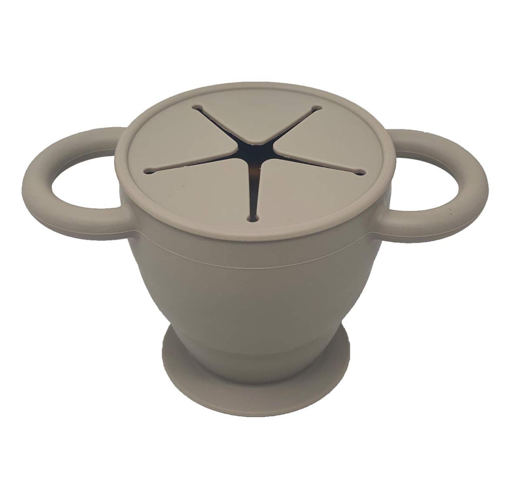 BraveJusticeKidsCo | Snack Attack II Snack Cup | Collapsible Silicone Snack Container | Toddler and Baby Snack Catcher Lid (Fog)