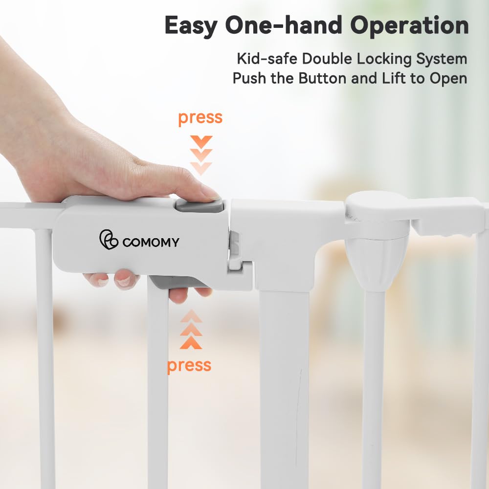 COMOMY 150" Extra Wide Baby Gate With Door - Auto Close Fence Play Area for House Doorways, Fireplace - Walk Through Pet Gate, Hardware Mounted, 6-Panels (30" Tall, White)