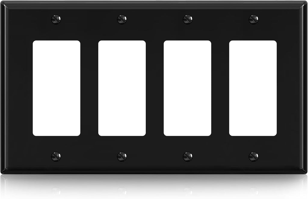 ELEGRP 4-Gang Decorative Wall Plates, Mid-Size 4.88" H x 8.57" L Unbreakable Thermoplastic Faceplate Cover for Decorator Receptacle Outlet Switch, UL Listed (1 Pack, Glossy Black)