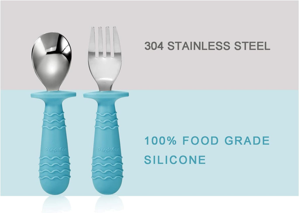 PandaEar 4 Set Baby Toddler Silicone Stainless Steel Utensils Silverware Spoon Fork for Baby Toddler BPA Free with Silicone Holding Anti-Choke Design (Blue&Grey)