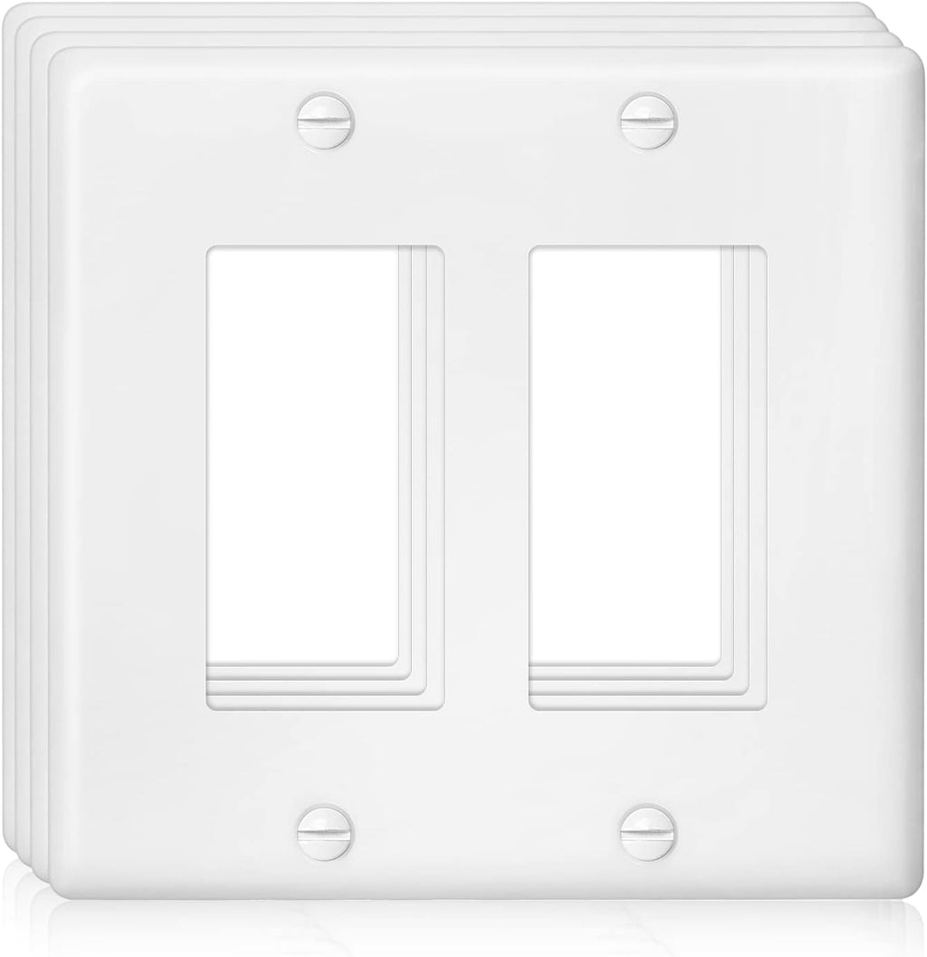 Decorator Wall Plate Double Gang Light Switch Plate Outlet Cover,Unbreakable Polycarbonate Thermoplastic, White (4-Pack, Double Decorator-White)