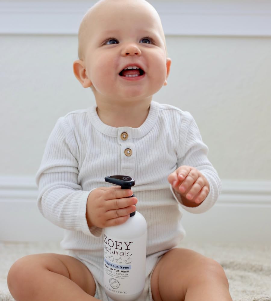 Zoey Naturals Fragrance-Free Head to Toe Baby & Toddler Wash – Tear-Free Body Wash and Shampoo with Gentle pH for Sensitive Skin – 9.65 oz