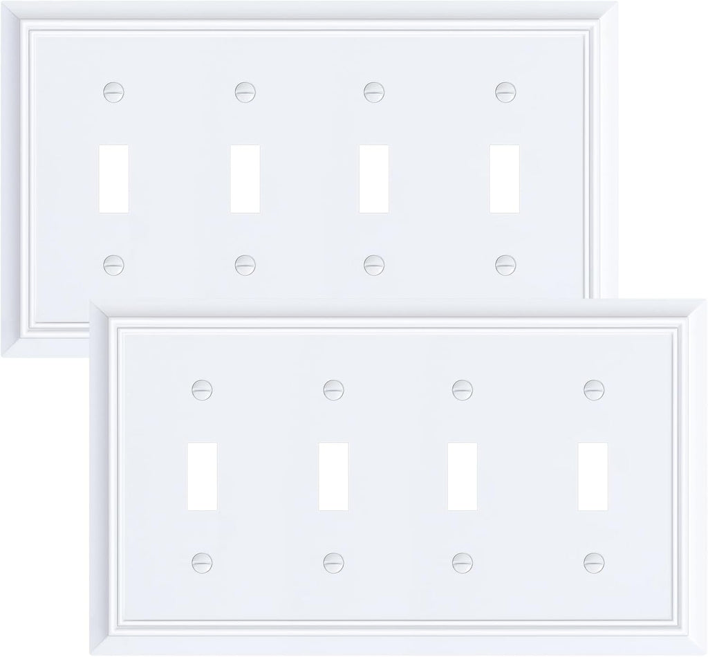 2-Pack Quad Toggle Light Switch Cover Plate, Pure White Decorative Switch Plate Covers, Natural Bamboo Fiber 4 Gang Wall Plate for Toggle Light Switch and Rotary Dimmer Switch