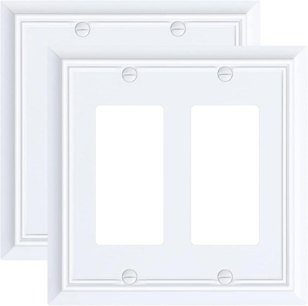 2-Pack Decorative Double Decorator Outlet Cover Plate, Pure White Durable Natural Bamboo Fiber Wall Plates for Electrical Outlets, Receptacle, GFCI Outlet, Dimmer Switch, 2-Gang, Corrosion Resistant