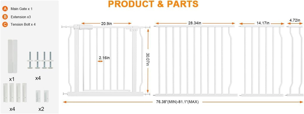 HOOEN Extra Wide Baby Gate for Doorways Stairs 76.38-86.3 Inch Large Long Pressure Mounted Dog Gates Indoor Walk Through Child Gates for Kids or Pets White Safety Gate (White, 76.38-86.3")