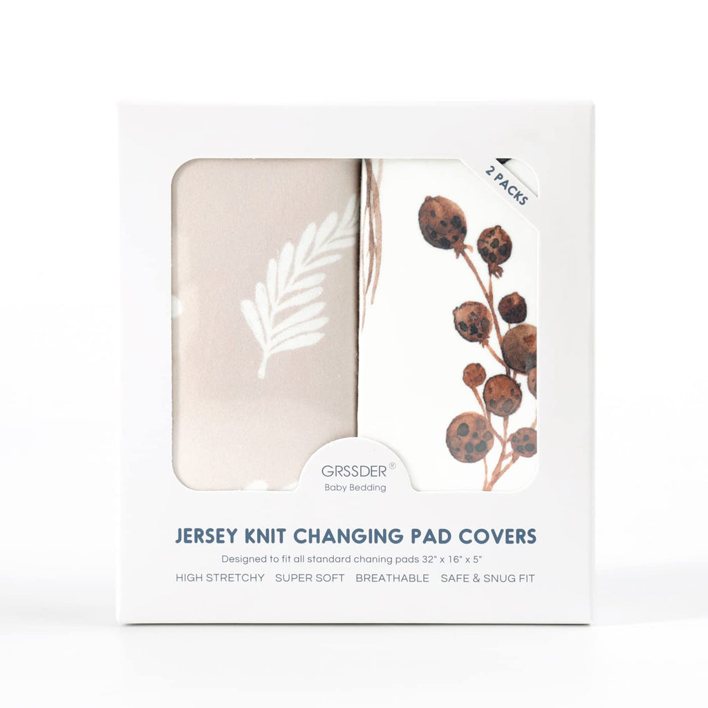 GRSSDER Stretch Ultra Soft Jersey Knit Changing Pad Cover Set 2 Pack, Change Table Pad Covers Fit 32"/34" x 16" Pads Safe and Snug, Unisex Stylish Pretty Diaper Change Table Sheets for Baby, Beige