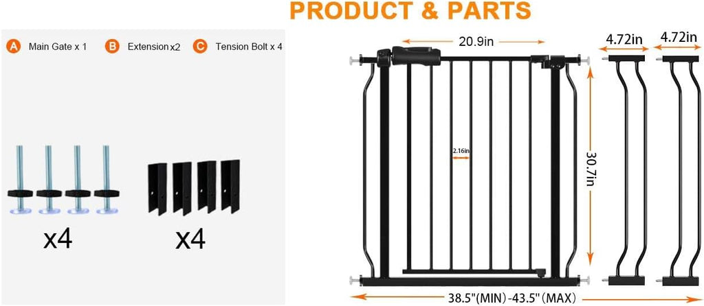 HOOEN Wide Baby Gates for Doorway Stairs 30" Tall 38.5-43.5 Inch Wide Indoor Child Gate for Kid or Pet Dogs Walk Through Pressure Mounted Baby Dog Gate