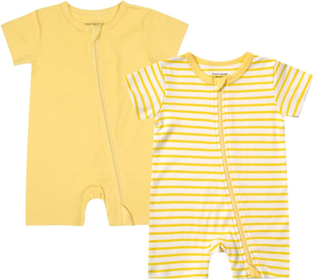 Teach Leanbh Unisex Baby 2 Pack Pajamas Cotton Short Sleeve 2 Way Zipper Stripe Soild Romper Jumpsuit Sleep and Play